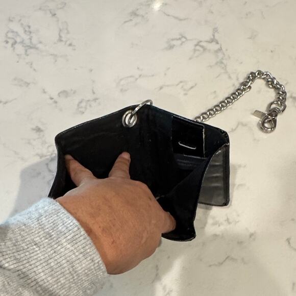 Vintage 90s black leather trifold biker chain wallet skull design goth grunge - Picture 7 of 11